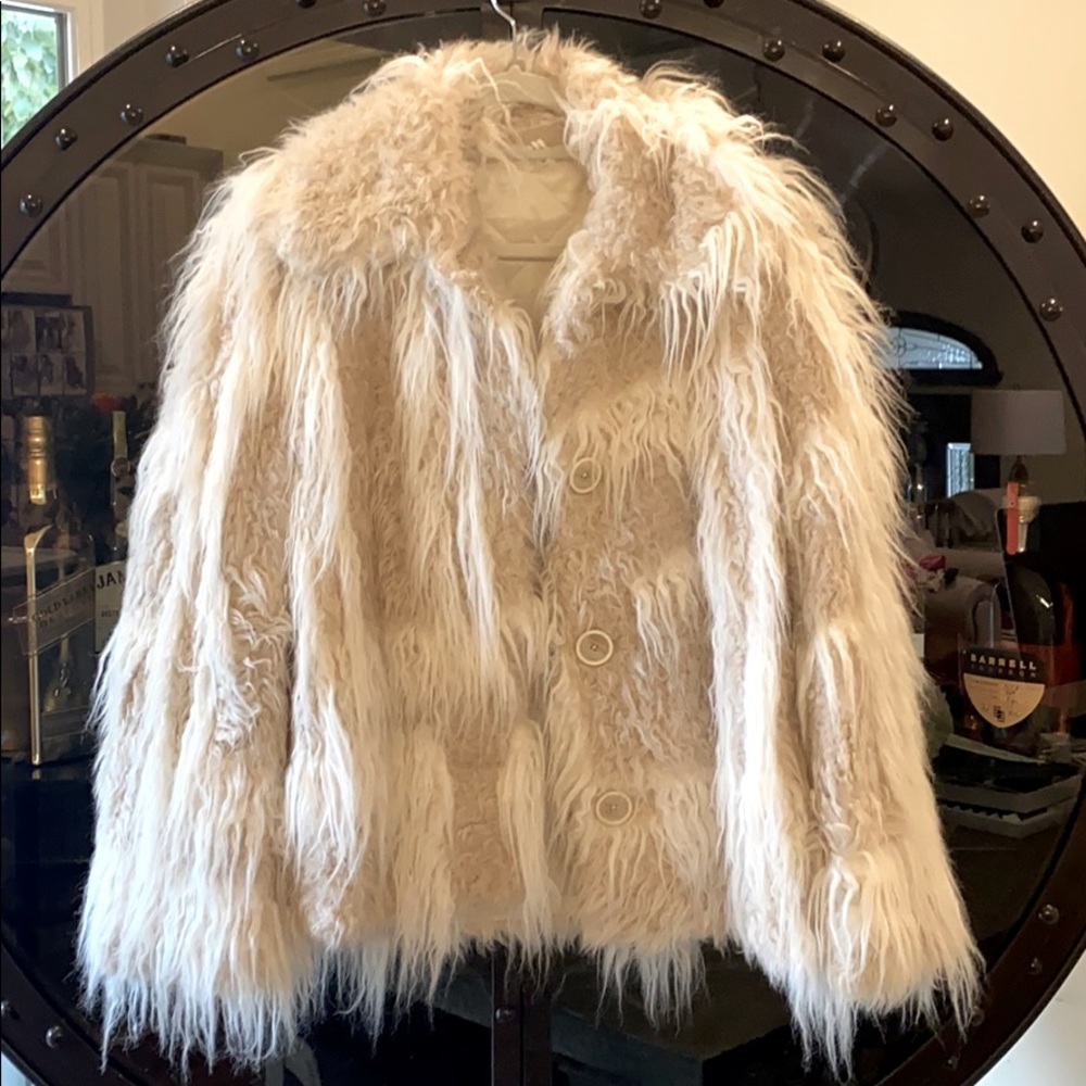 Helmut Lang Plaid Faux Fur Pea Coat